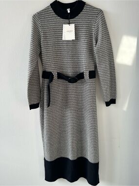 LK Bennett Black and White Long Sleeve Knit Belted Dress